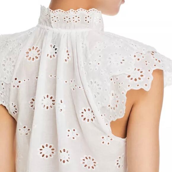 AQUA x BLOOMINGDALE'S | Ruffle Eyelet Collar Flutter Sleeve White Cotton | Large - Picture 3 of 11